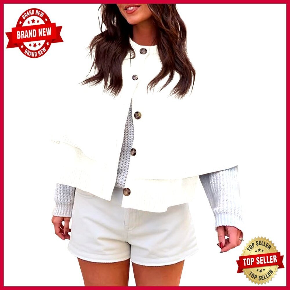 Cropped Cape Cardigan Button Up Crew Neck Knit Sweater Jacket Shawl